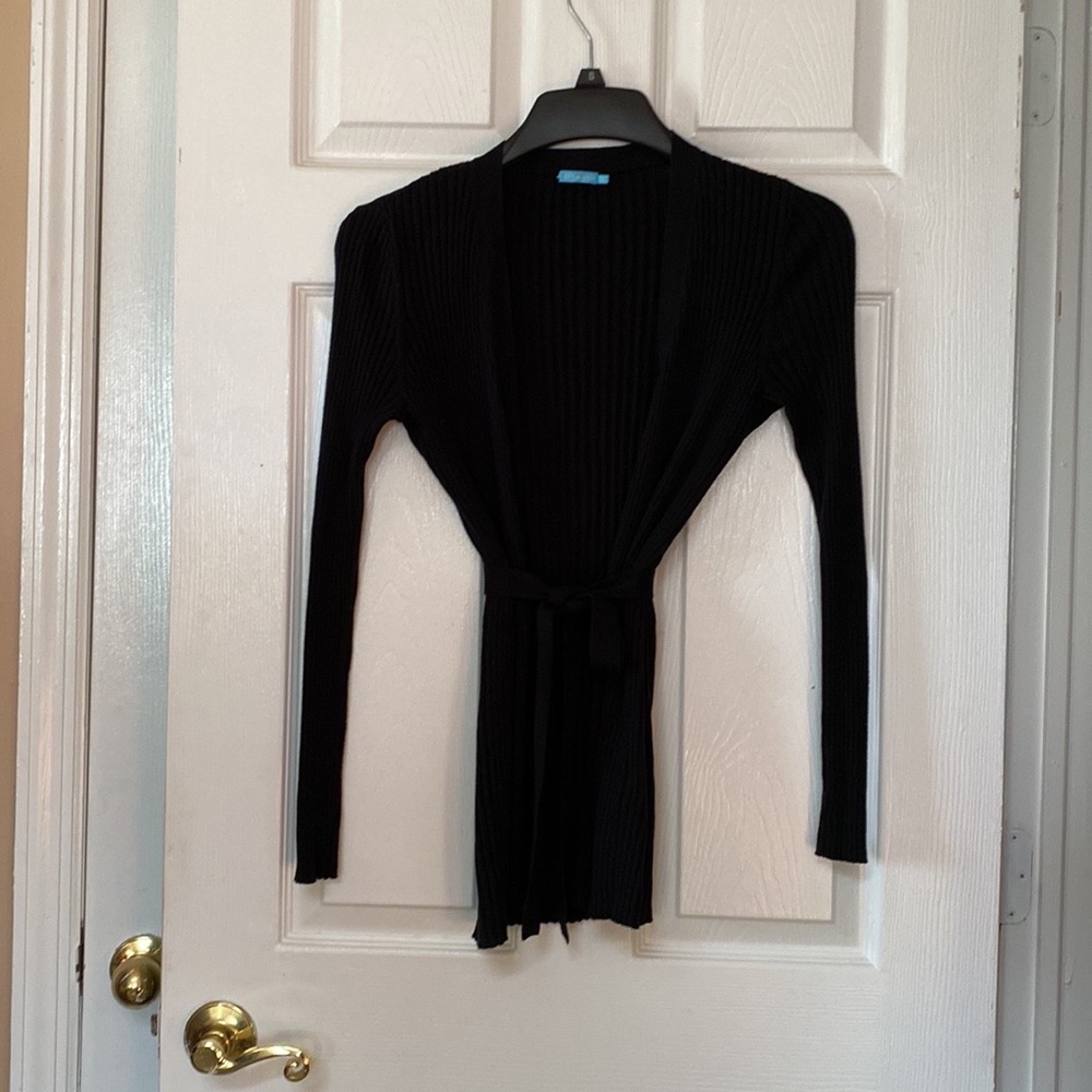 J. MCLAUGHLIN Black Cotton Ribbed Wrap Cardigan Sweater